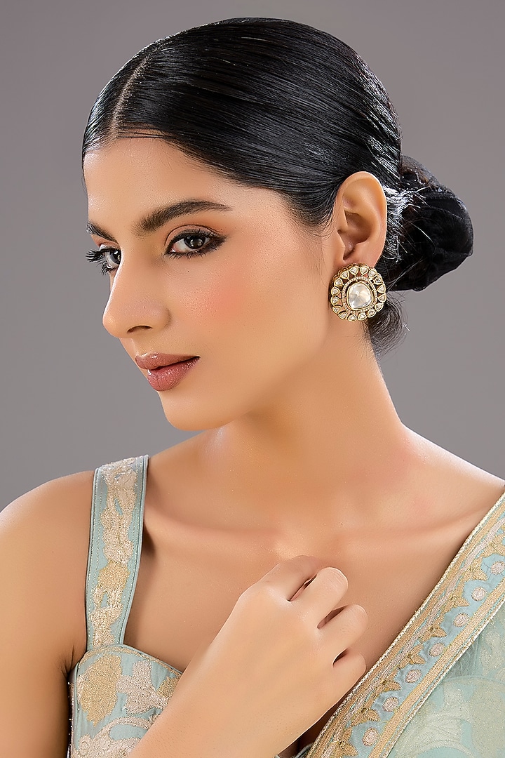Gold Finish Emerald Synthetic Stone Stud Earrings by Aura Trends at Pernia's Pop Up Shop
